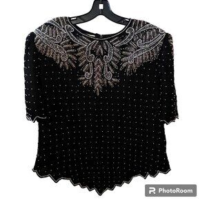 Lawrence Kazar Paris-New York 100% Silk, Black, Beaded Top - VINTAGE